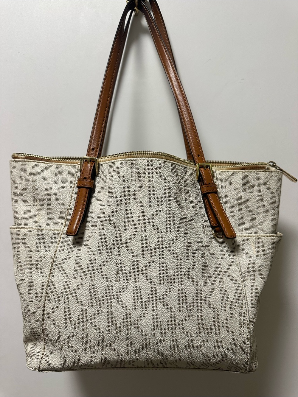 Michael Kors Cream Logo Canvas Tote with Brown Leather Straps